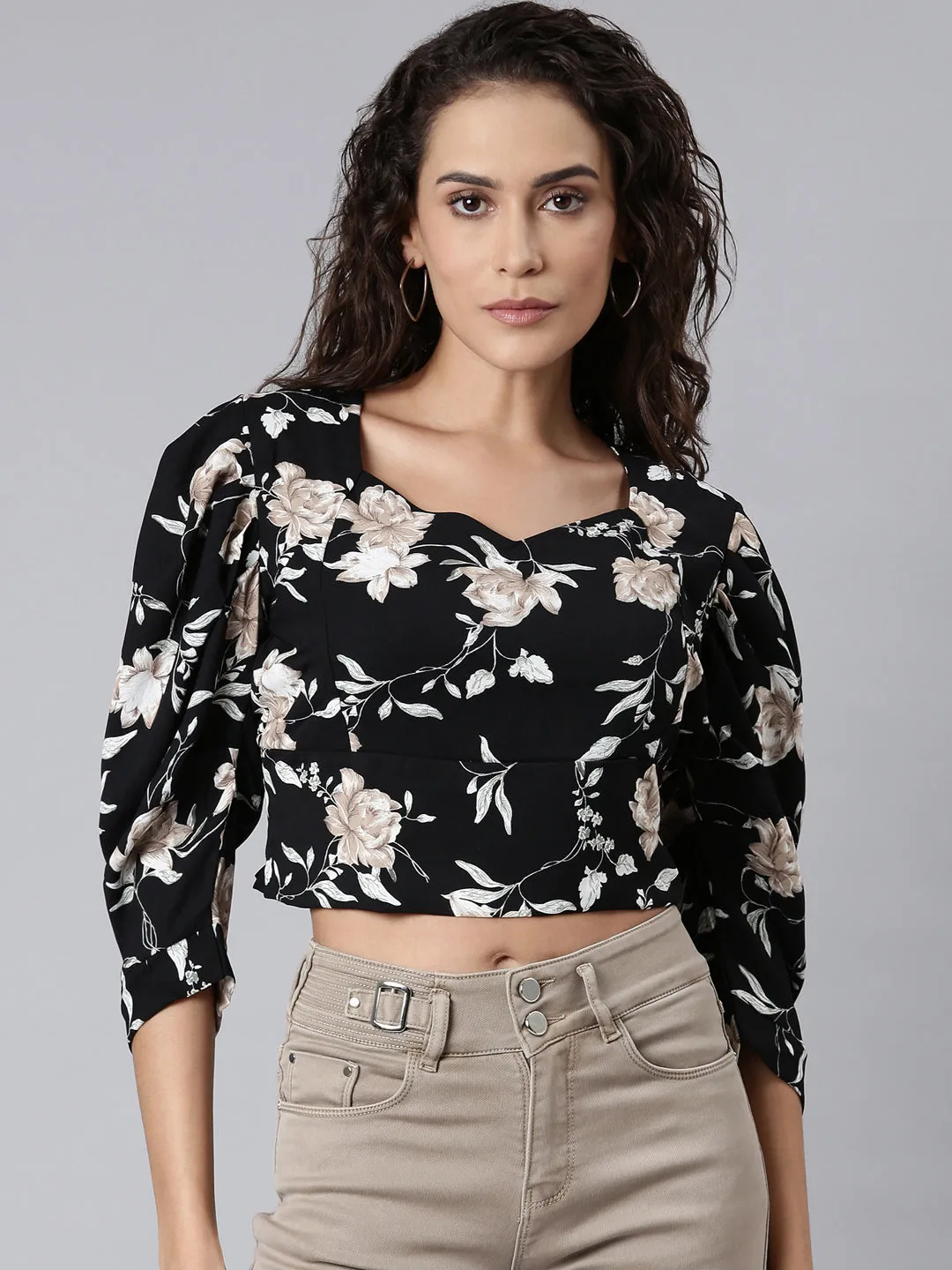Women Black Floral Print Sweetheart Neck Puff Sleeve Blouson Crop Top