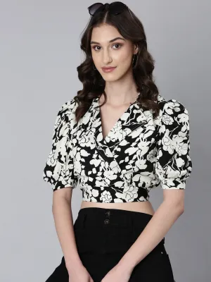 Women Off White Floral Printed Puffed Sleeve Shirt Collar Wrap Crop Top