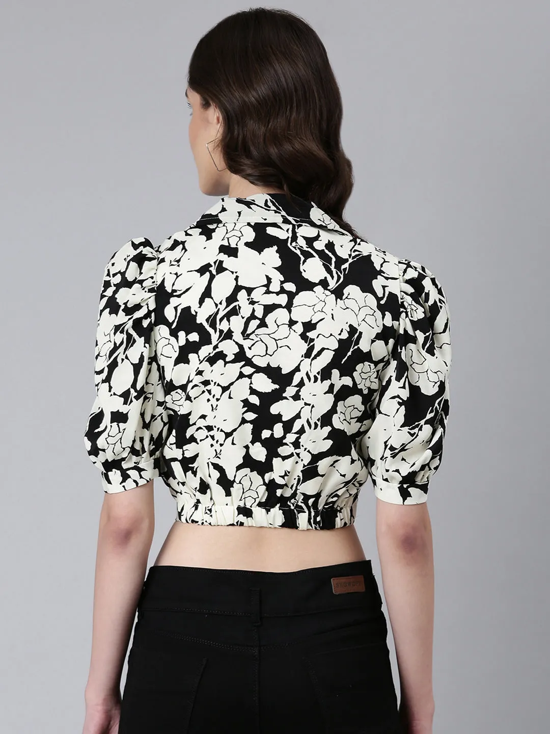Women Off White Floral Printed Puffed Sleeve Shirt Collar Wrap Crop Top