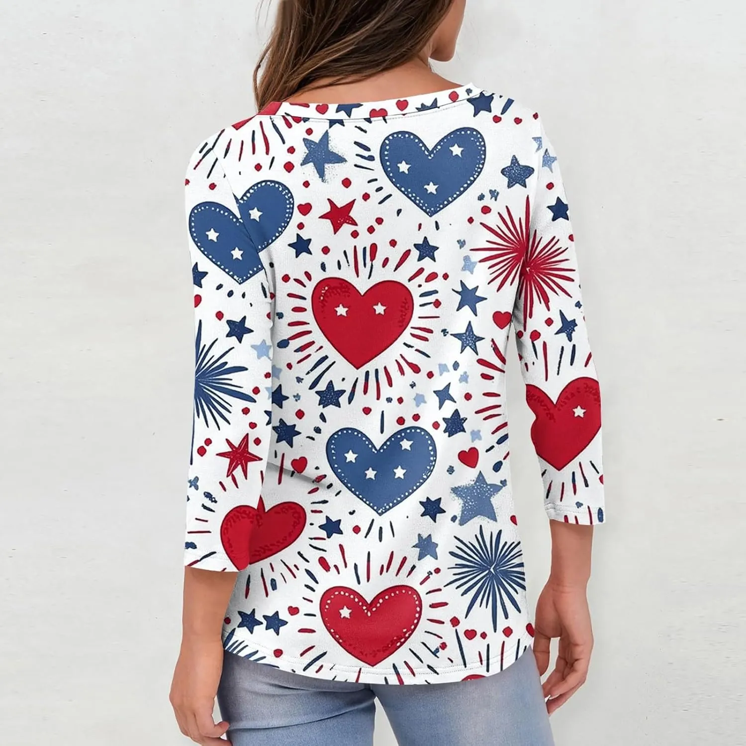 Womens 4Th of July Shirts Tops Plus Size American Flag Tshirt 3/4 Length Sleeve Trendy Oversized Sweatshirts Blouses