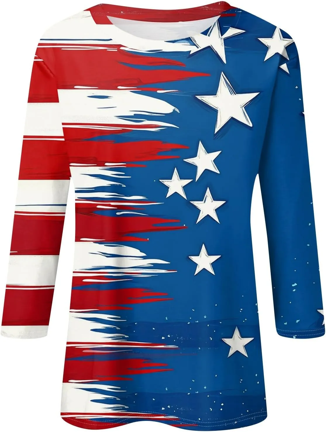Womens 4Th of July Shirts Tops Plus Size American Flag Tshirt 3/4 Length Sleeve Trendy Oversized Sweatshirts Blouses