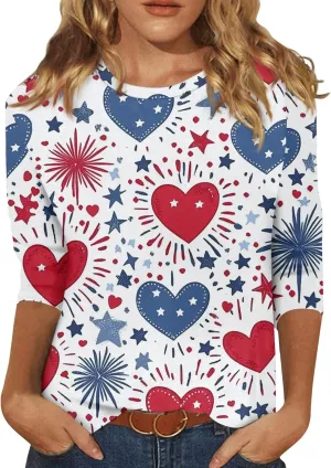 Womens 4Th of July Shirts Tops Plus Size American Flag Tshirt 3/4 Length Sleeve Trendy Oversized Sweatshirts Blouses