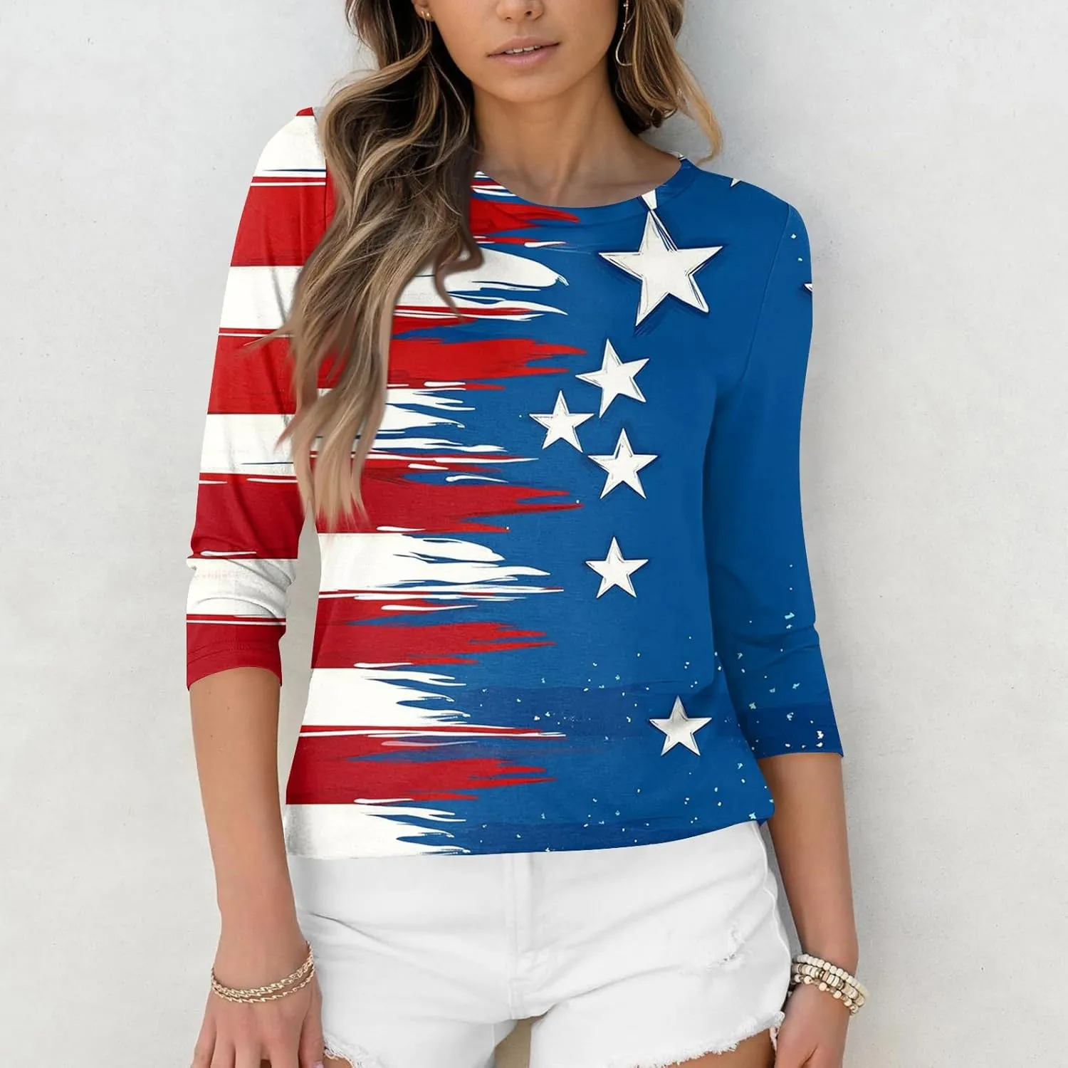 Womens 4Th of July Shirts Tops Plus Size American Flag Tshirt 3/4 Length Sleeve Trendy Oversized Sweatshirts Blouses