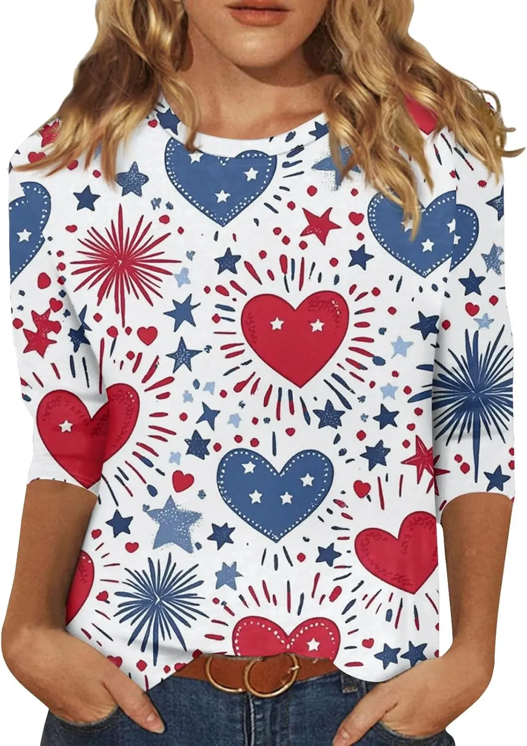 Womens 4Th of July Shirts Tops Plus Size American Flag Tshirt 3/4 Length Sleeve Trendy Oversized Sweatshirts Blouses