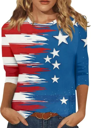 Womens 4Th of July Shirts Tops Plus Size American Flag Tshirt 3/4 Length Sleeve Trendy Oversized Sweatshirts Blouses