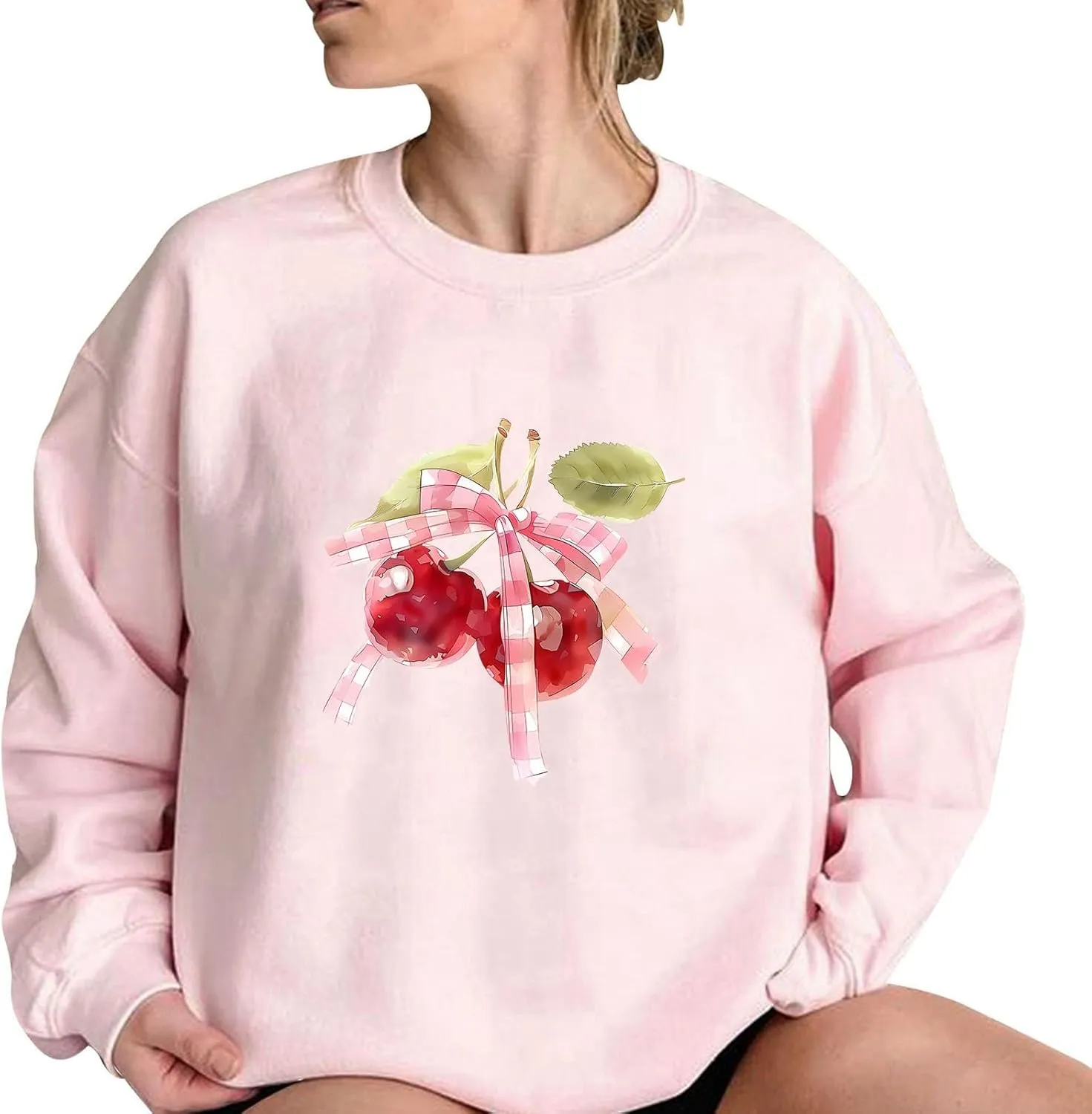 Womens Oversized Sweatshirts Casual Crewneck Long Sleeve Shirts Bow Cherry Printed Outfits Fall Comfy Clothes