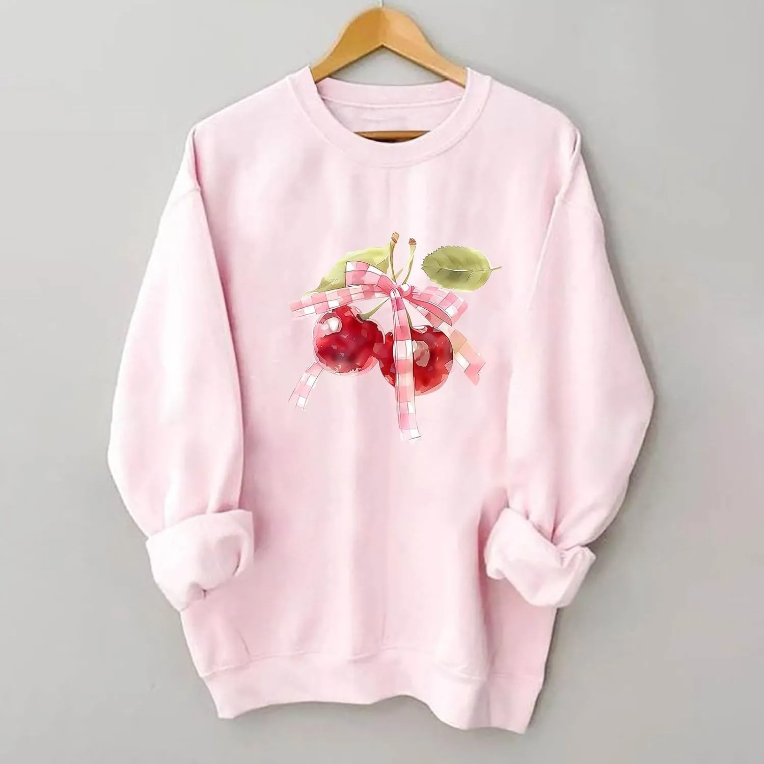 Womens Oversized Sweatshirts Casual Crewneck Long Sleeve Shirts Bow Cherry Printed Outfits Fall Comfy Clothes
