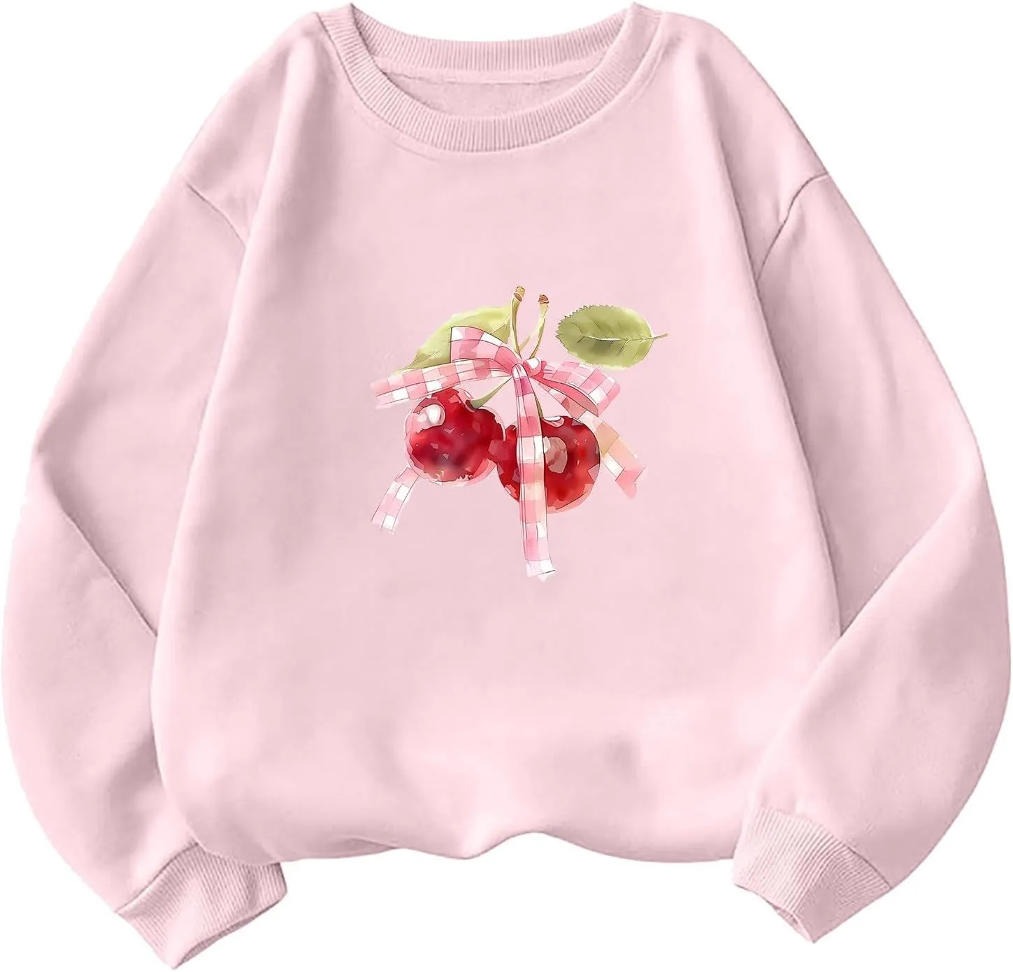 Womens Oversized Sweatshirts Casual Crewneck Long Sleeve Shirts Bow Cherry Printed Outfits Fall Comfy Clothes