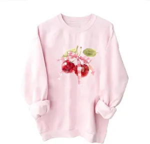 Womens Oversized Sweatshirts Casual Crewneck Long Sleeve Shirts Bow Cherry Printed Outfits Fall Comfy Clothes
