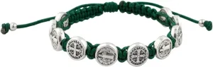 Woven Bracelet with 10 Saint Benedict Medals | Hunter Green Cord and Silver Tone Metal Beads | Patron Saint of Students and Europe | Great Catholic Gift for First Holy Communion and Confirmation