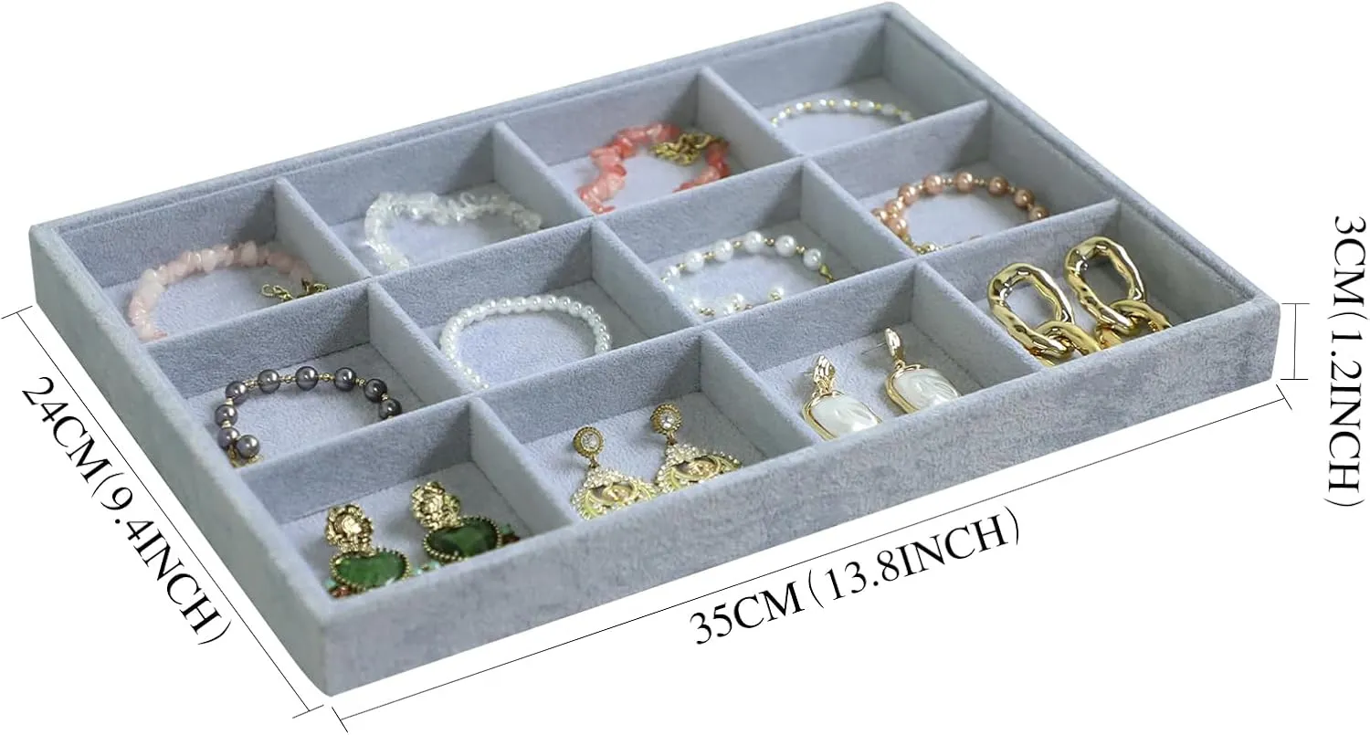 Wudygirl Velvet Stackable 12 Grid Jewelry Tray Display Jewelry Organizer Storage Rings Earrings Watch Necklace Bracelet Cufflinks Holder Showcase(12 Grid)