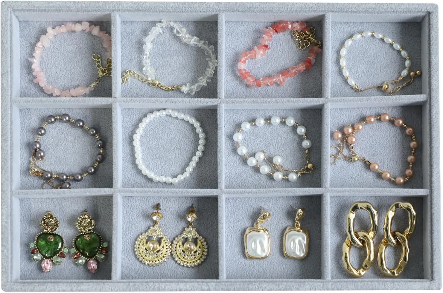 Wudygirl Velvet Stackable 12 Grid Jewelry Tray Display Jewelry Organizer Storage Rings Earrings Watch Necklace Bracelet Cufflinks Holder Showcase(12 Grid)