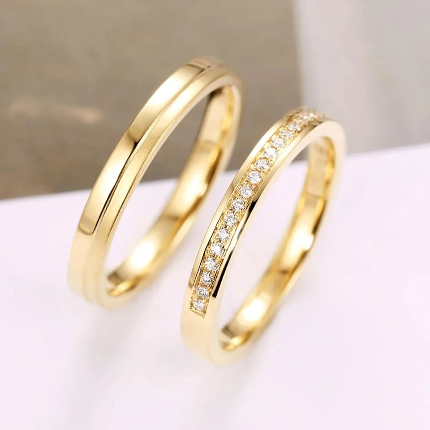 Wycian Ring Sets, Natural Diamond Anniversary Ring 18K Yellow Gold White Round Diamond Channel Band for Couple Women Mother's Day