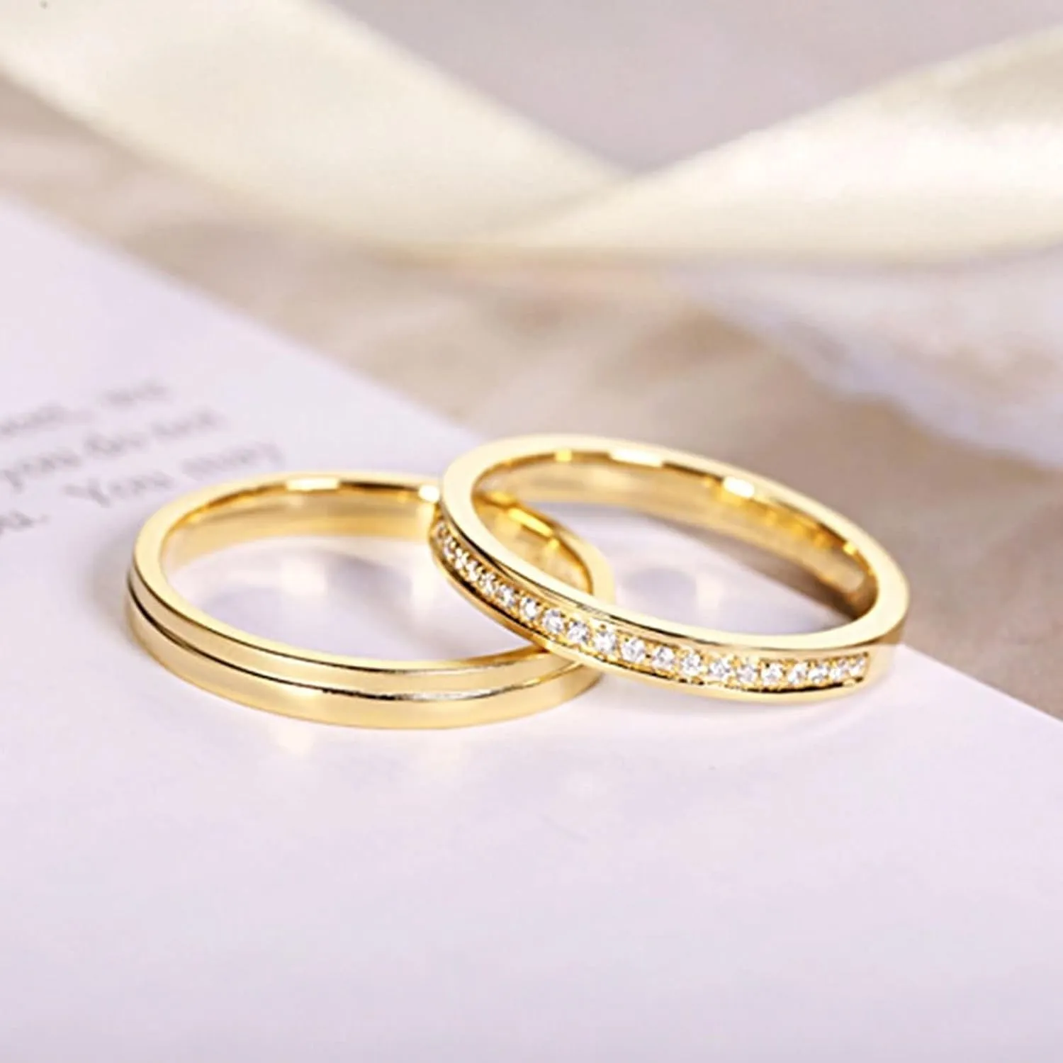 Wycian Ring Sets, Natural Diamond Anniversary Ring 18K Yellow Gold White Round Diamond Channel Band for Couple Women Mother's Day