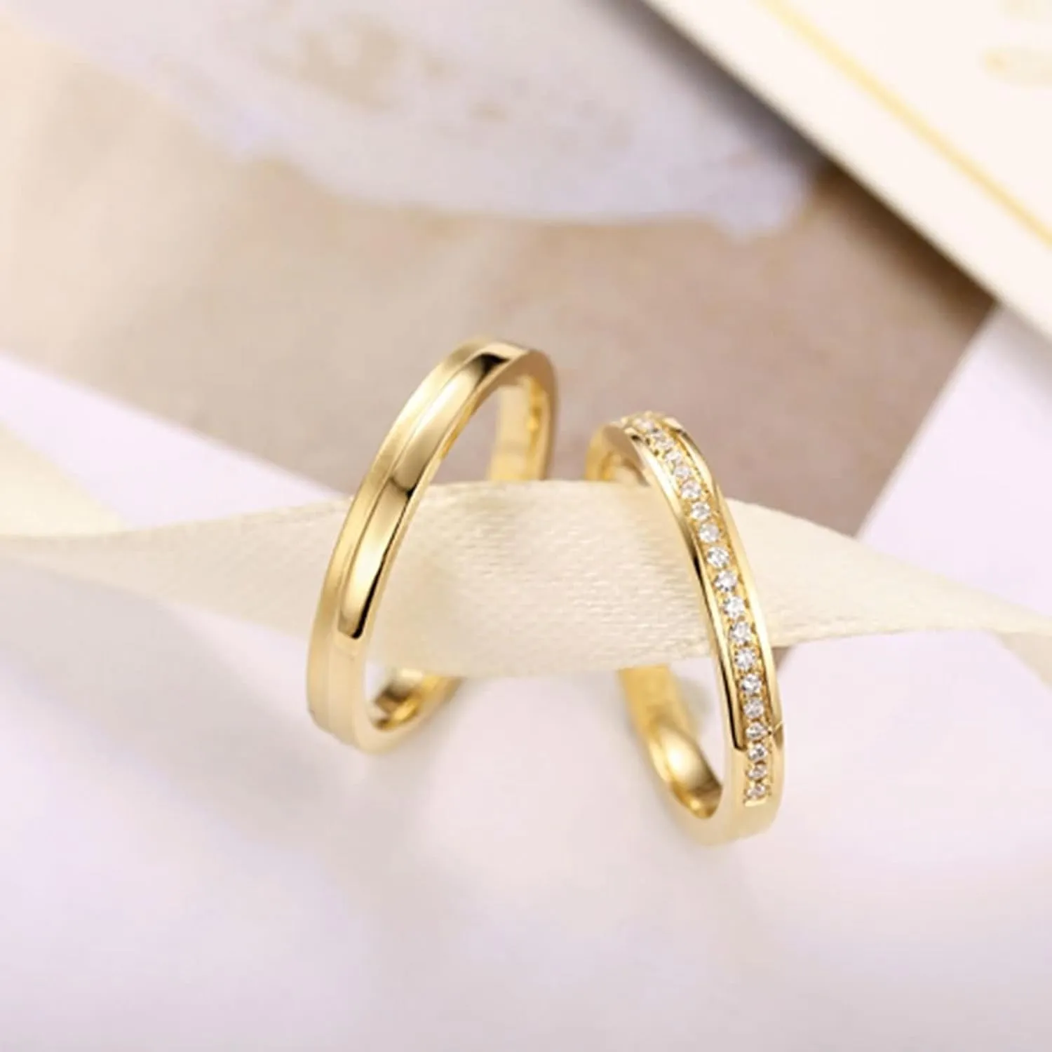 Wycian Ring Sets, Natural Diamond Anniversary Ring 18K Yellow Gold White Round Diamond Channel Band for Couple Women Mother's Day