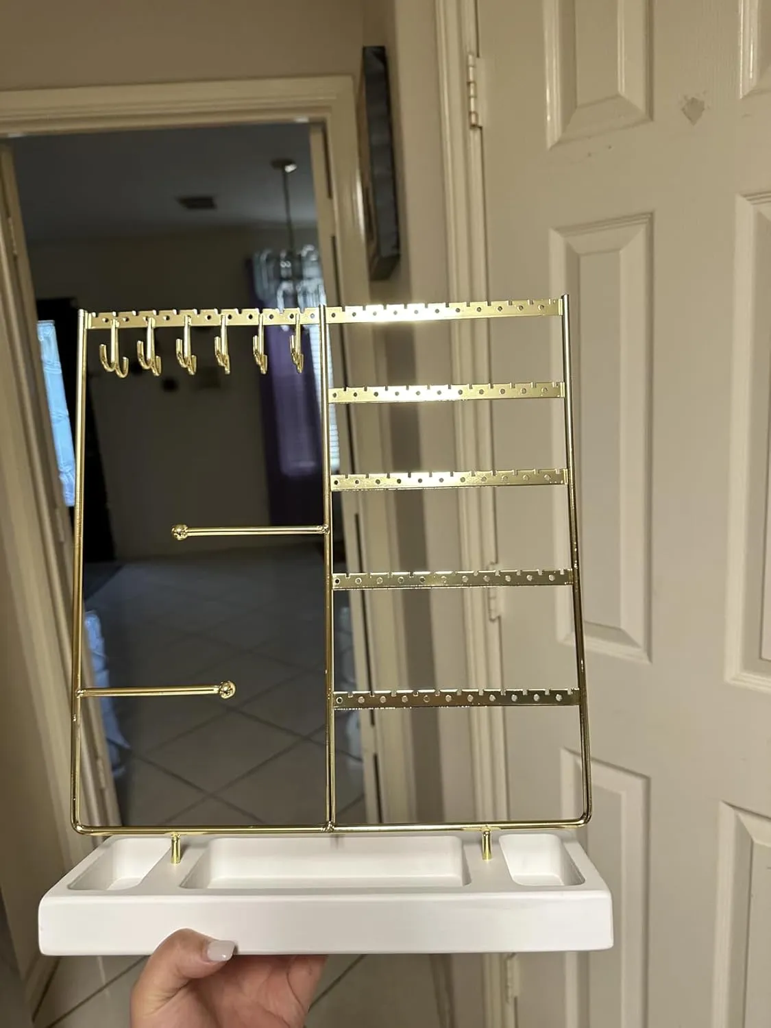 X-cosrack Earring Holder,5-Tier Ear Stud Holder with Wooden Tray,Jewelry Organizer Holder for Earrings Necklaces Bracelets Watches and Rings,Earring Display Stand with 132 Holes