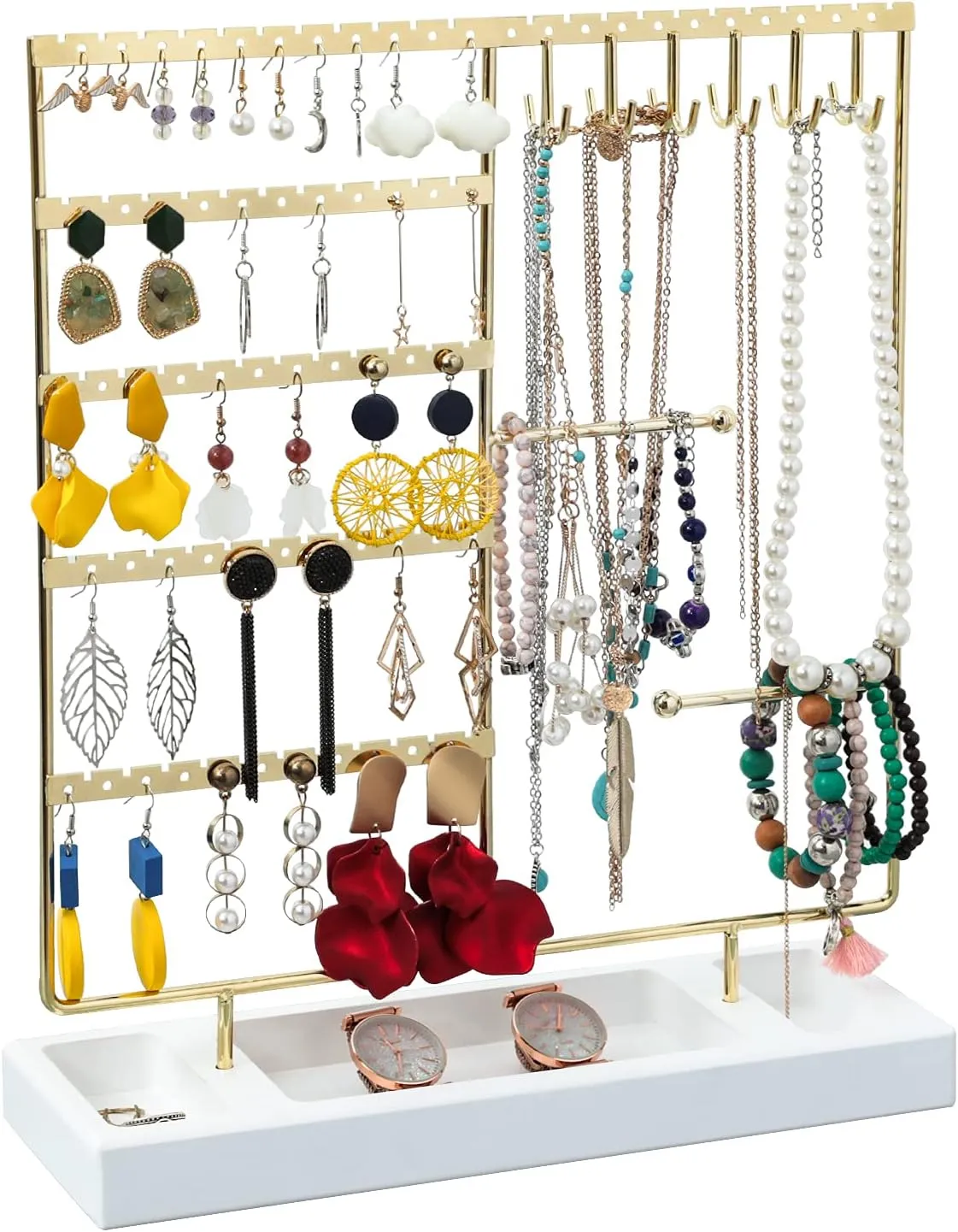 X-cosrack Earring Holder,5-Tier Ear Stud Holder with Wooden Tray,Jewelry Organizer Holder for Earrings Necklaces Bracelets Watches and Rings,Earring Display Stand with 132 Holes