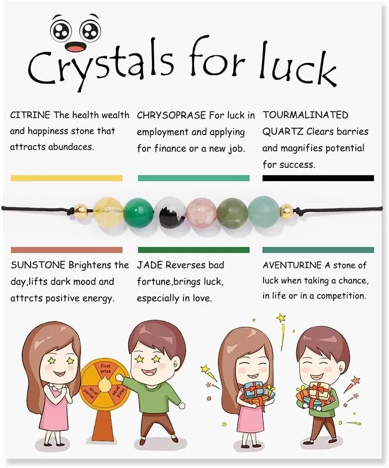 XAM Crystal Bead Bracelet for Women Adjustable Natural Stone Yoga Meditation Bracelet for Couple Friends Famlies Gift Chakra Bracelets with Wish Card