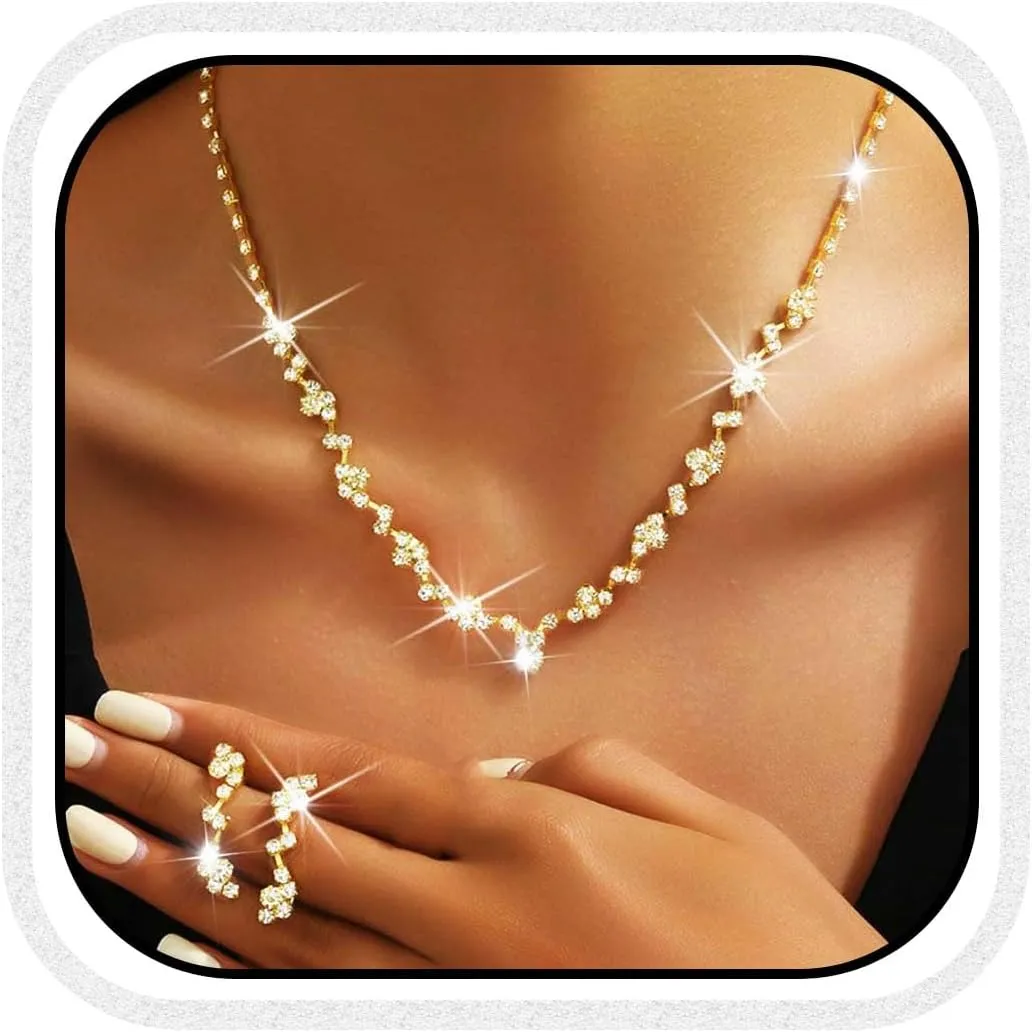 Yean Bride Silver Bridal Necklace Earrings Set Crystal Wedding Jewelry Set Rhinestone Choker Necklace for Women and Girls