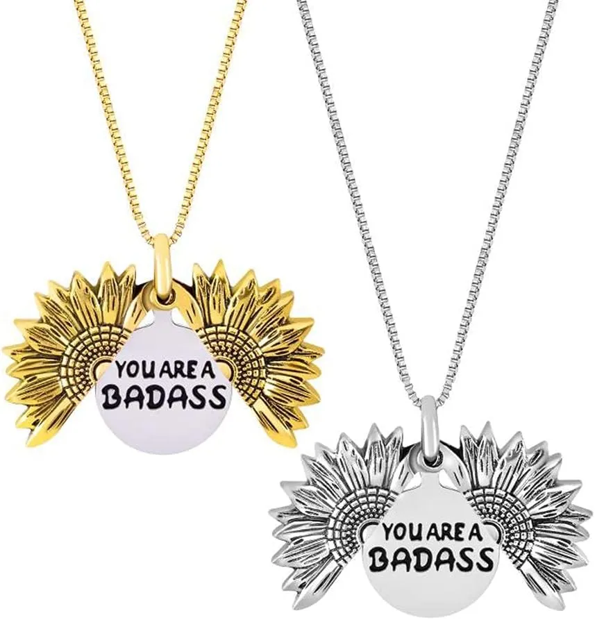 You Are A Badass 2-Side Engraved Necklace Inspirational Sunflower Locket Necklace Awareness Jewelry for Badass Women Wife Girlfriend Gift With Box
