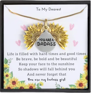 You Are A Badass 2-Side Engraved Necklace Inspirational Sunflower Locket Necklace Awareness Jewelry for Badass Women Wife Girlfriend Gift With Box