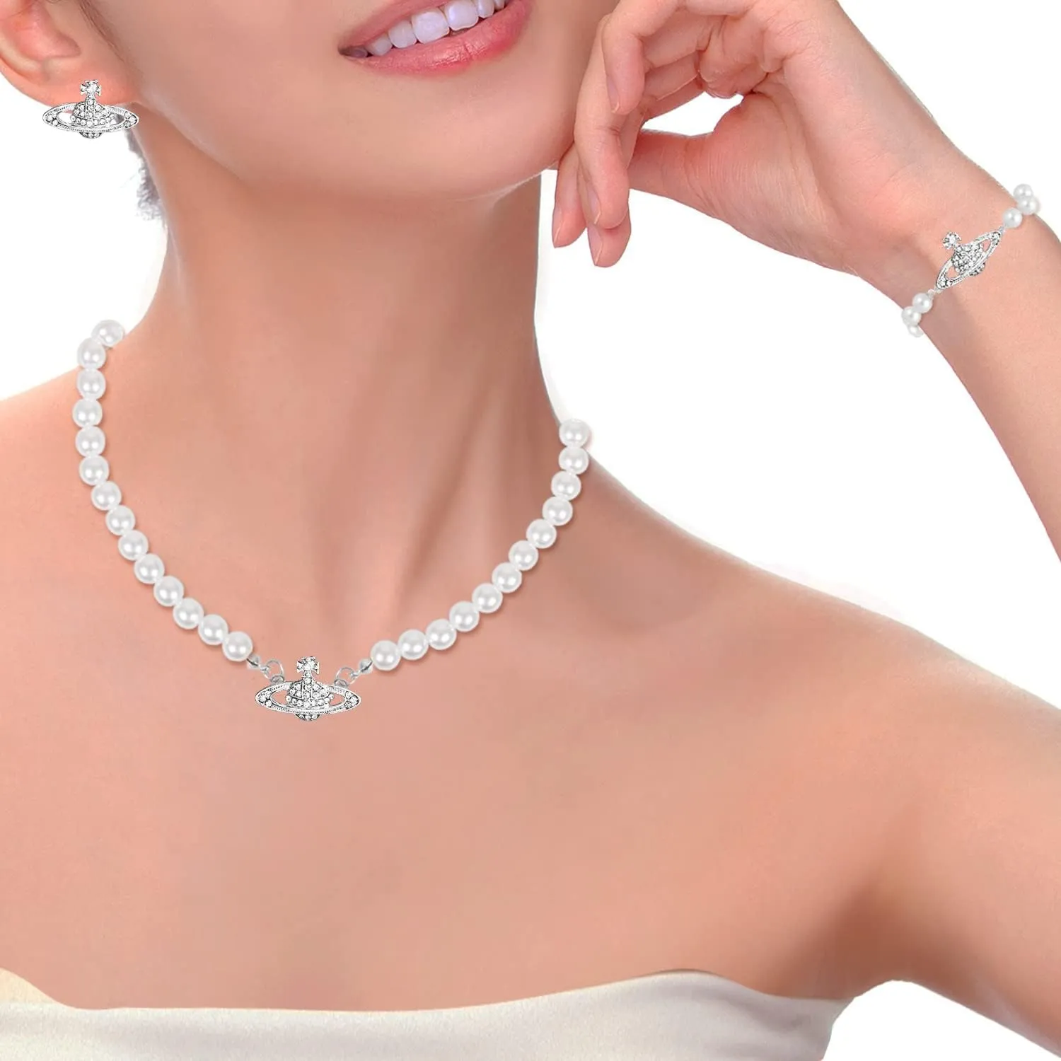 Yunison Pearl Saturn Necklace Rhinestone Pendant Planet Choker Retro Jewelry for Women Birthday Party Anniversary