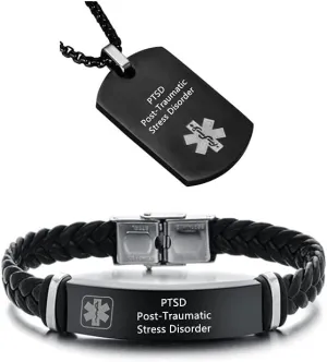ZKXXJ Medical Alert ID Necklaces and Bracelets Set for Men Women Stainless Steel Medic Identification Pendant Necklace & Leather Cuff Bracelet Allergy Awareness Jewelry,Customizable